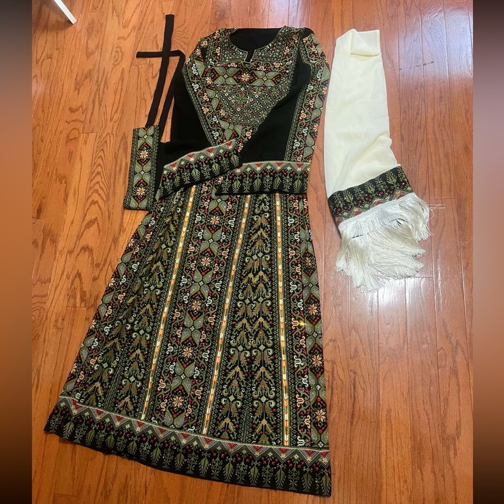 Long Sleeve Embroidered Maxi Dress in Black and Olive
